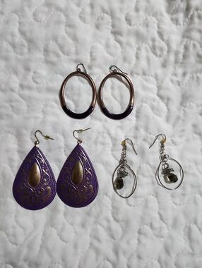 Handcrafted Purple Teardrop and Hoop Earring Set - Pack of 3
